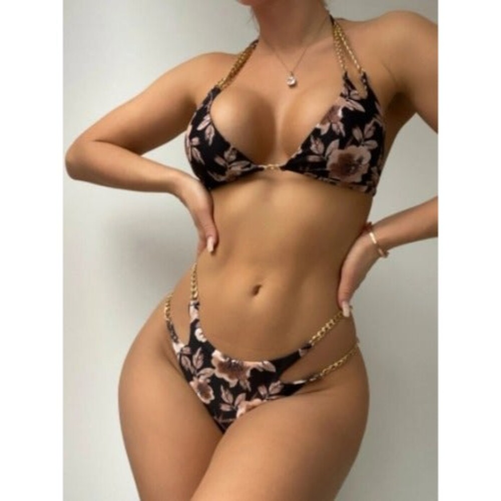 Large Floral Print Chain Linked High Stretch Triangle Halter Hipster Bikini Swim